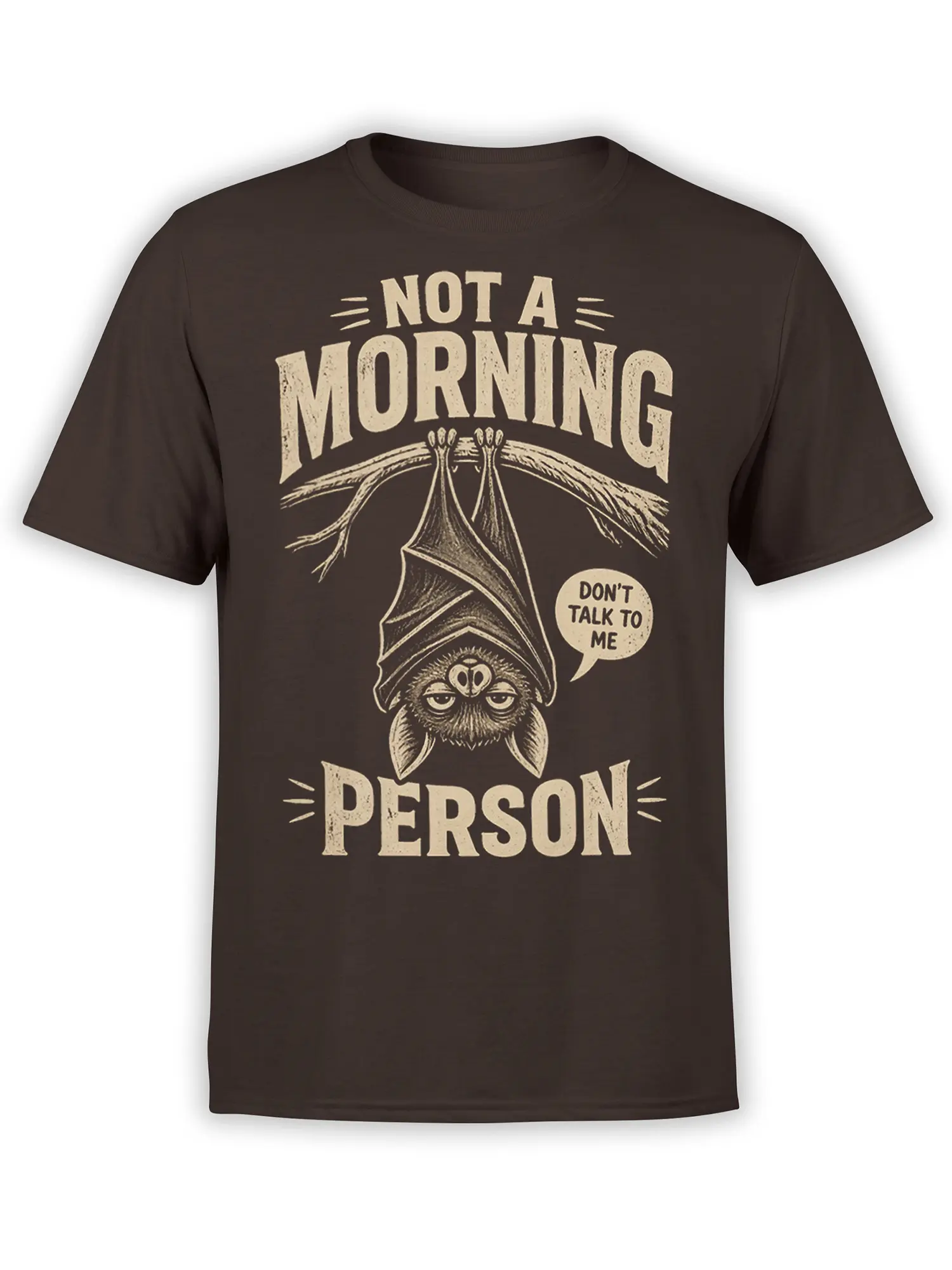 Brown bat t-shirt with sleepy upside-down bat graphic and Not a Morning Person vintage lettering