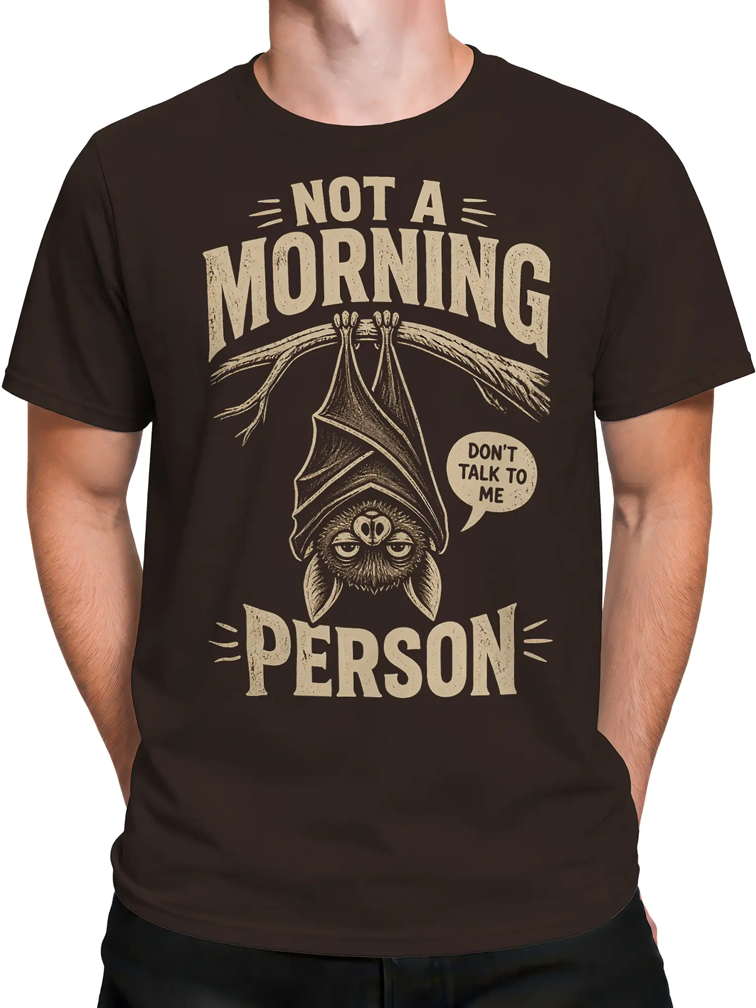 Male torso wearing brown bat t-shirt with sleepy nocturnal graphic and Don't Talk to Me message