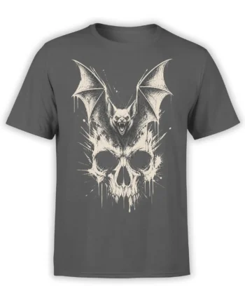 Gray T-shirt with a fanged bat above a dripping skull in a distressed bone-white graphic