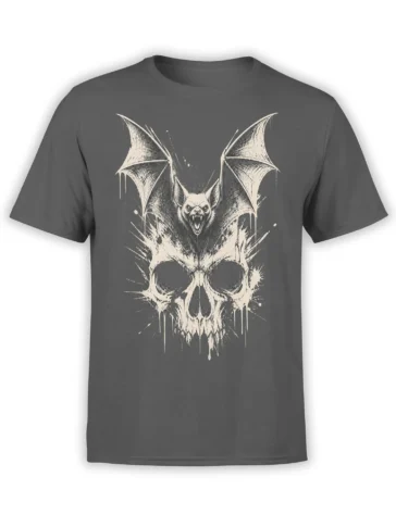 Gray T-shirt with a fanged bat above a dripping skull in a distressed bone-white graphic
