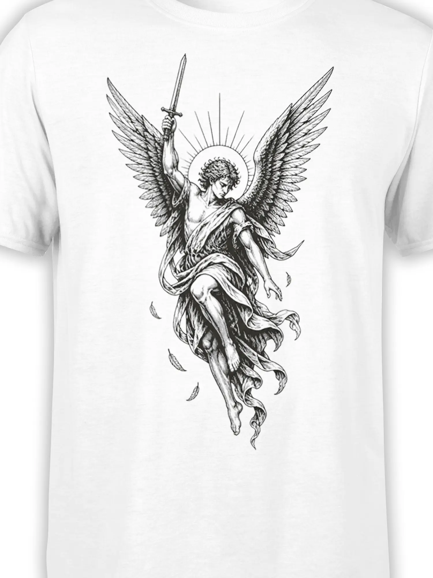 Close-up of winged angel artwork with sword and halo printed on a white T-shirt