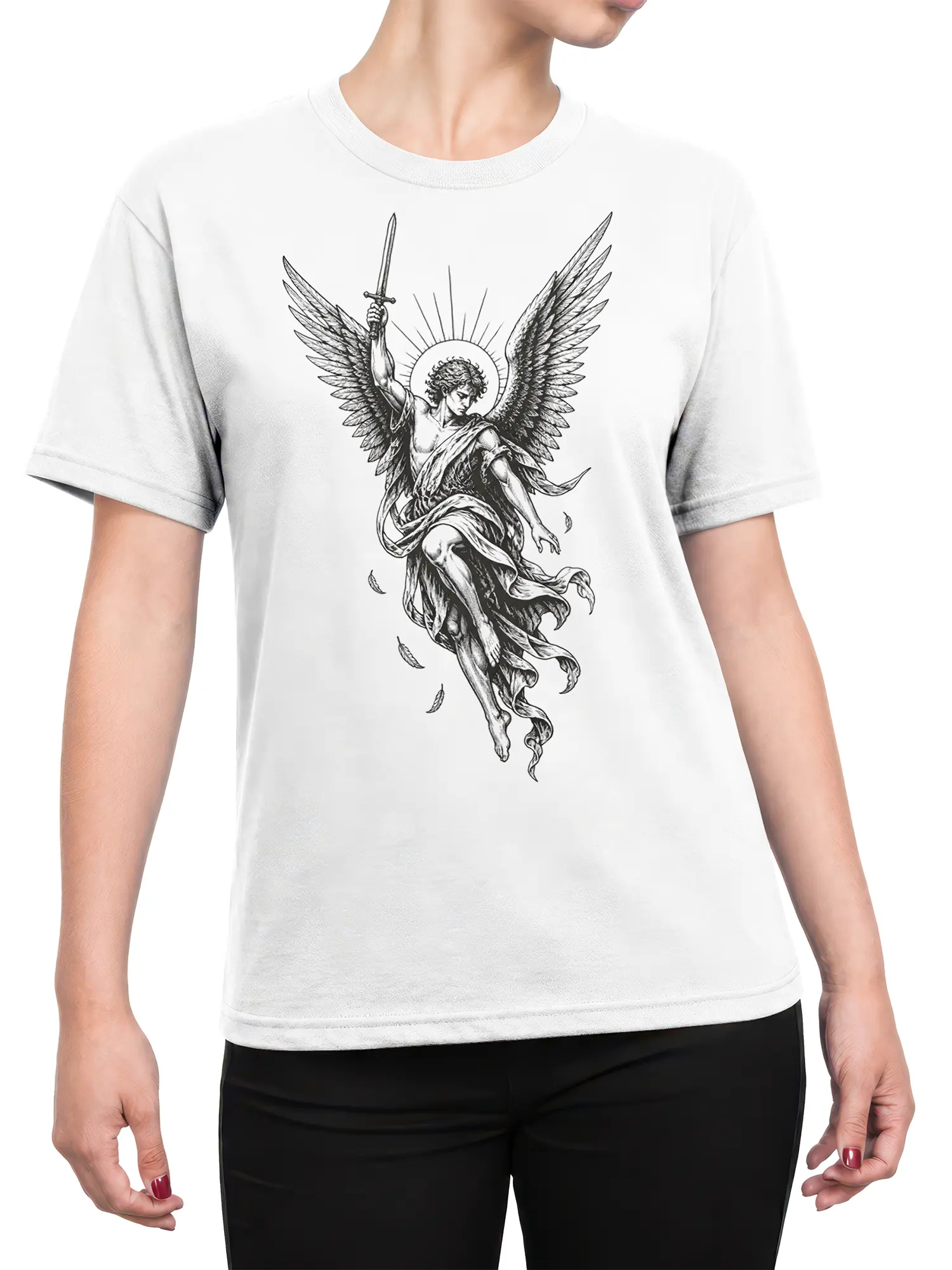 Female torso wearing a white angel T-shirt with winged sword figure and halo artwork