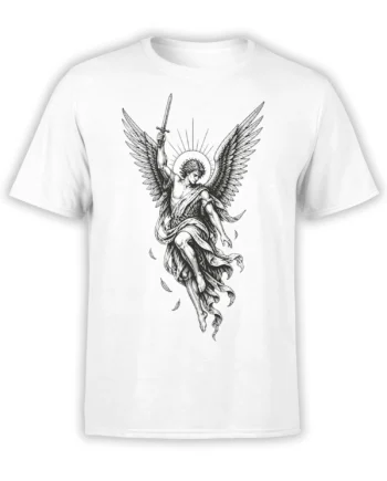 White angel t-shirt with a winged figure holding a sword, halo, flowing robes, and scattered feathers