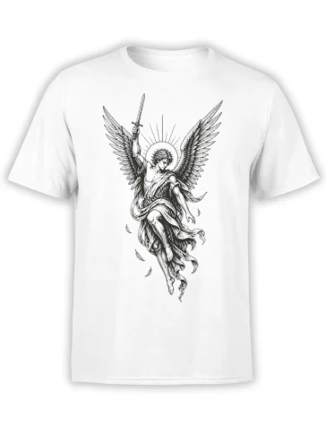 White angel t-shirt with a winged figure holding a sword, halo, flowing robes, and scattered feathers