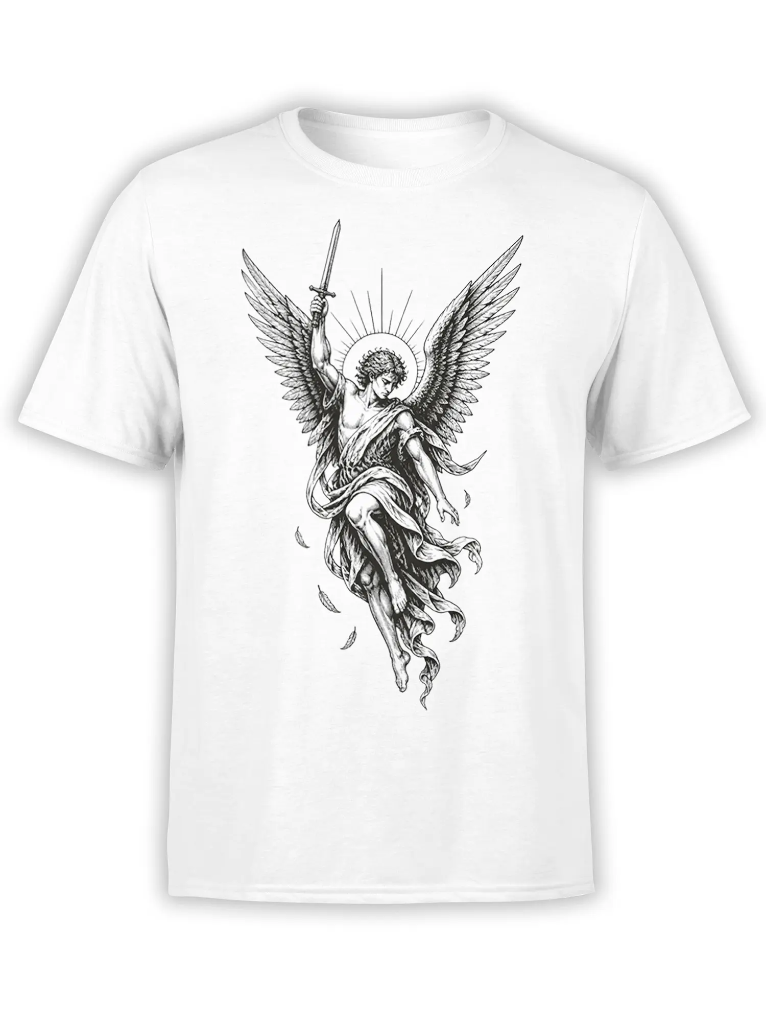 White angel t-shirt with a winged figure holding a sword, halo, flowing robes, and scattered feathers