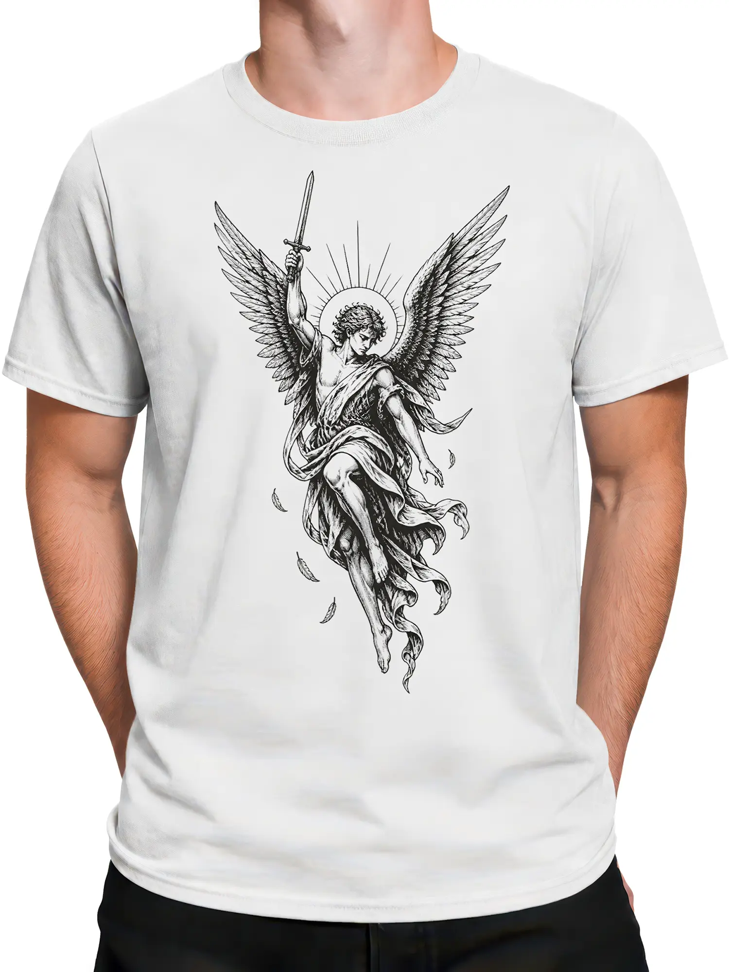 Male torso wearing a white angel T-shirt with detailed winged figure and sword design