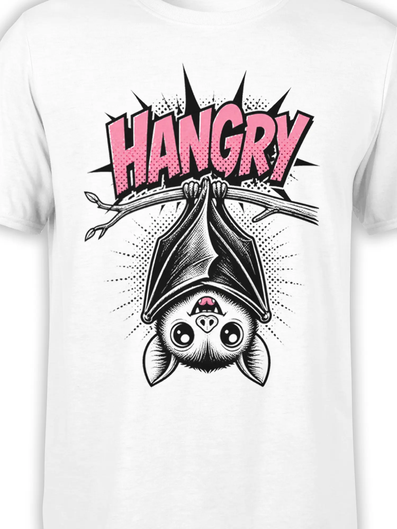 Close-up of the upside-down bat and pink ANGRY lettering printed on a white graphic T-shirt