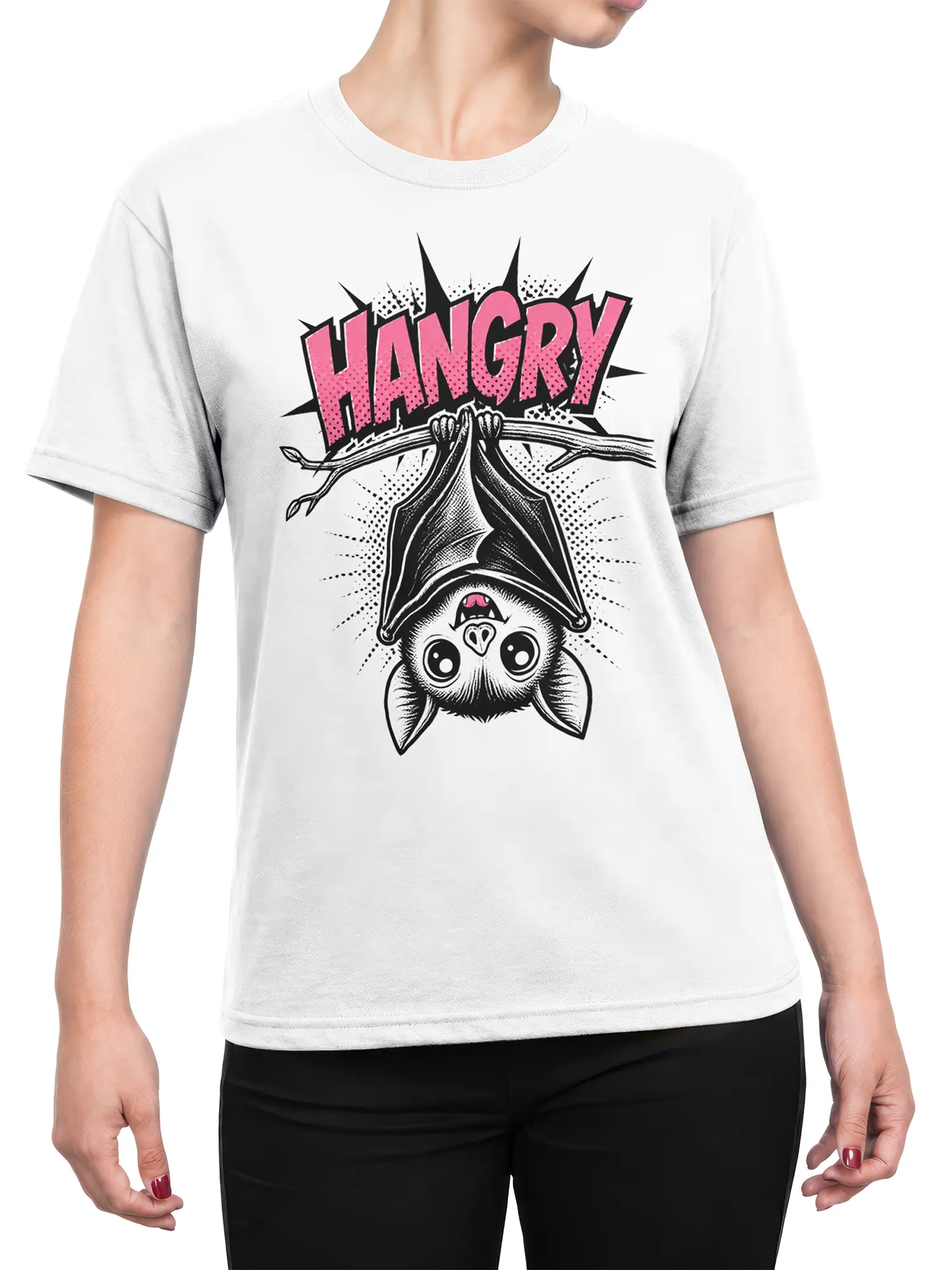 Female torso wearing a white T-shirt with an upside-down angry bat and bold pink ANGRY design