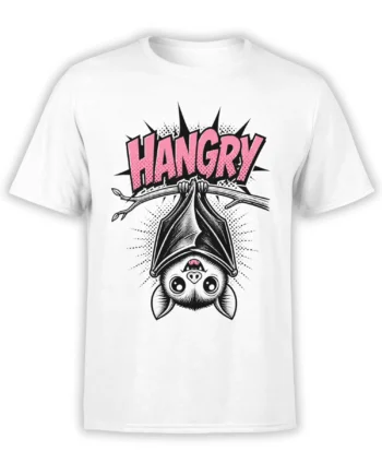 White T-shirt with an upside-down wide-eyed bat gripping a branch beneath bold pink ANGRY lettering
