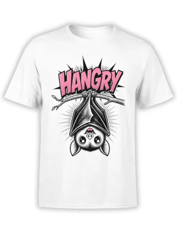 White T-shirt with an upside-down wide-eyed bat gripping a branch beneath bold pink ANGRY lettering
