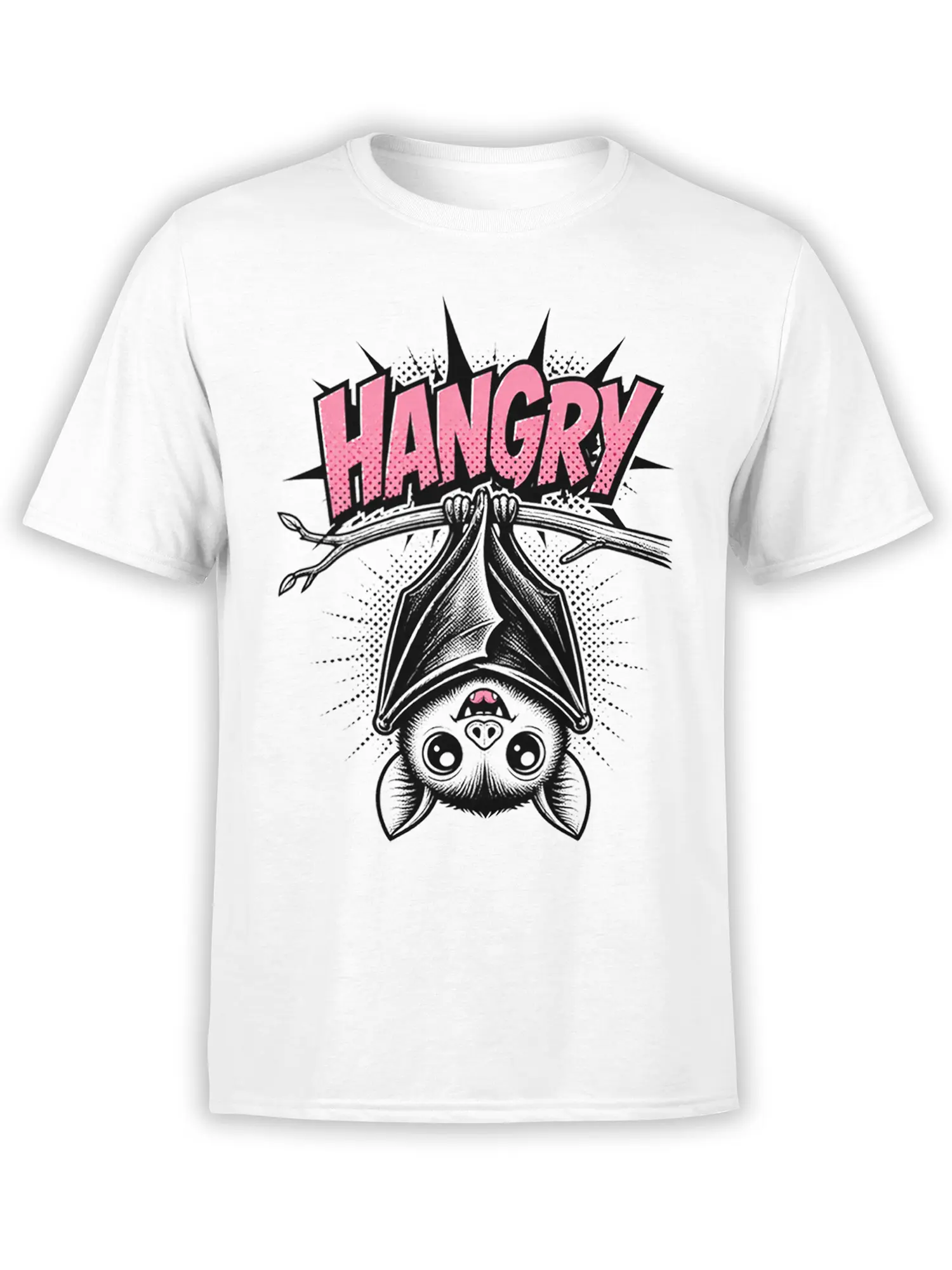 White T-shirt with an upside-down wide-eyed bat gripping a branch beneath bold pink ANGRY lettering