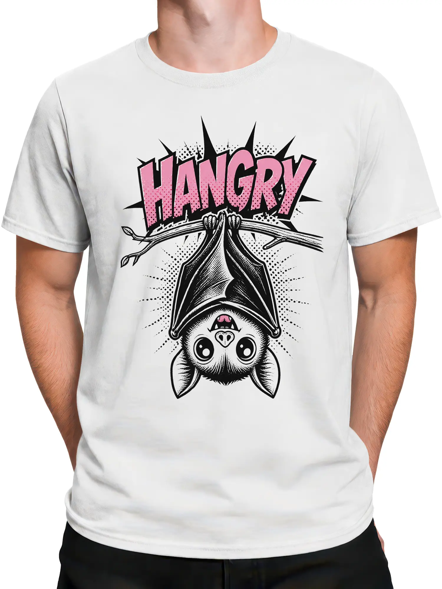 Male torso wearing a white T-shirt with a comic-style upside-down bat and pink ANGRY lettering