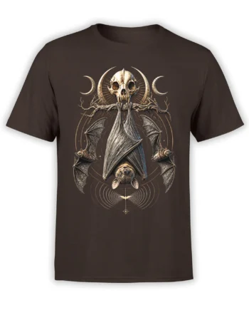 Gothic bat and skull illustration with crescent shapes on a dark brown T-shirt