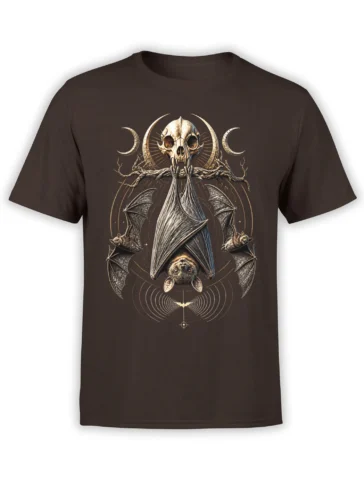 Gothic bat and skull illustration with crescent shapes on a dark brown T-shirt