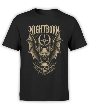 Black Nightborn bat T-shirt with crescent moon, star symbol, winged bat, and grinning skull artwork