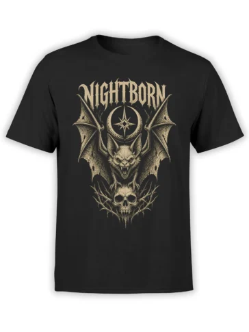 Black Nightborn bat T-shirt with crescent moon, star symbol, winged bat, and grinning skull artwork