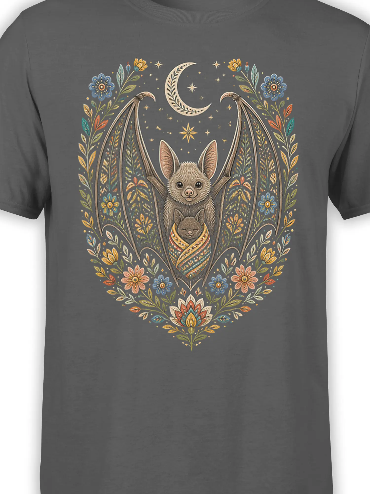Close-up of a bat family design with a wrapped baby bat, floral details, stars, and a crescent moon