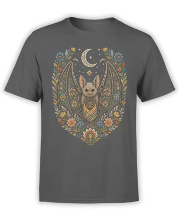 Gray bat family T-shirt with an adult bat holding a wrapped baby bat beneath a crescent moon