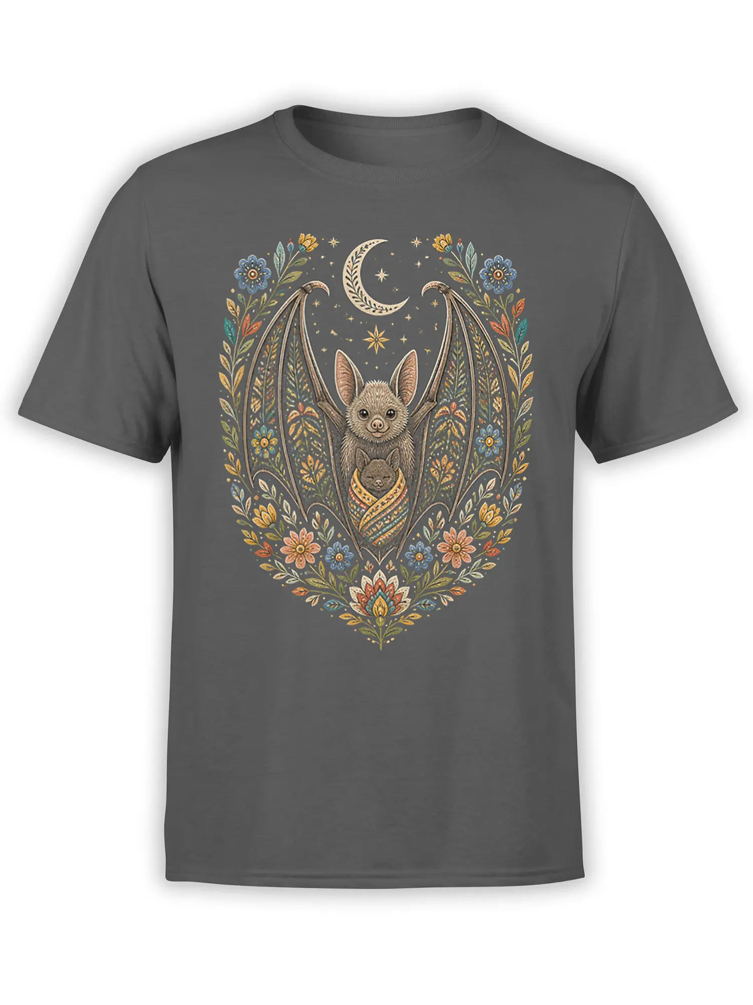 Gray bat family T-shirt with an adult bat holding a wrapped baby bat beneath a crescent moon