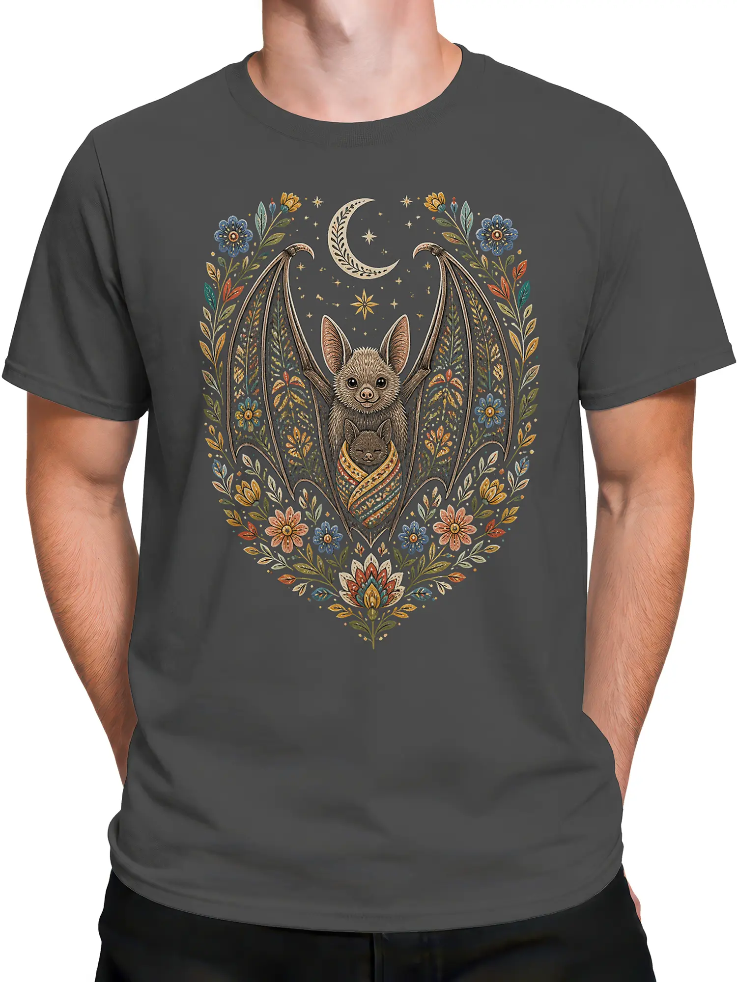 Male torso wearing a gray bat family T-shirt with a floral moonlit design and wrapped baby bat
