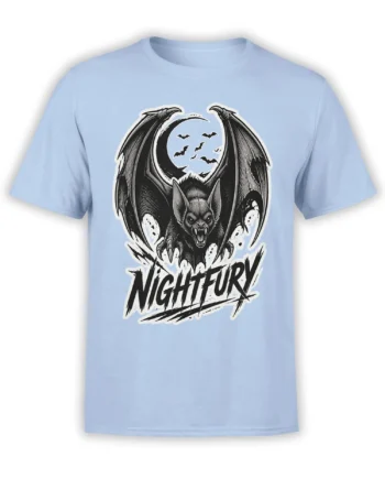Light blue bat T-shirt with a fierce winged bat, crescent moon, smaller bats, and bold distressed lettering
