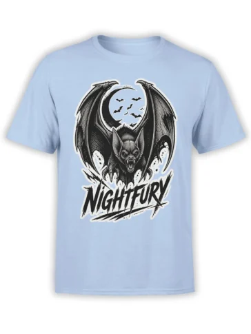 Light blue bat T-shirt with a fierce winged bat, crescent moon, smaller bats, and bold distressed lettering