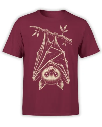 Upside-down bat hanging from a leafy branch on a burgundy T-shirt in cream line art