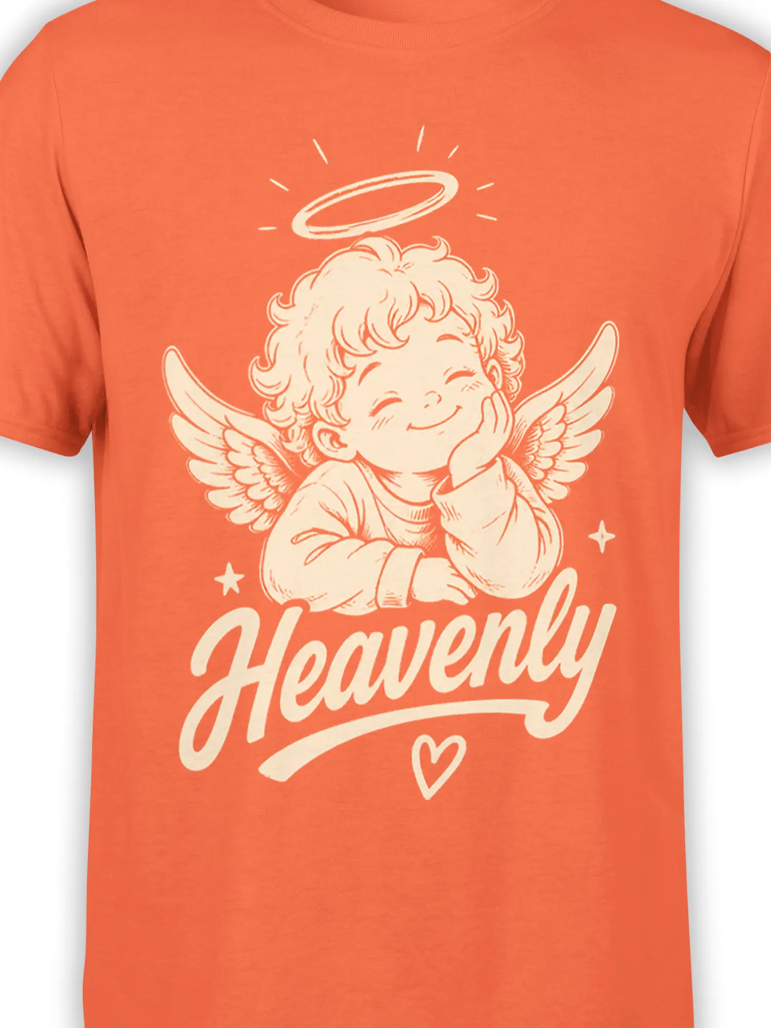 Close-up of cherub angel artwork with halo, wings, stars, heart, and Heavenly text on orange fabric