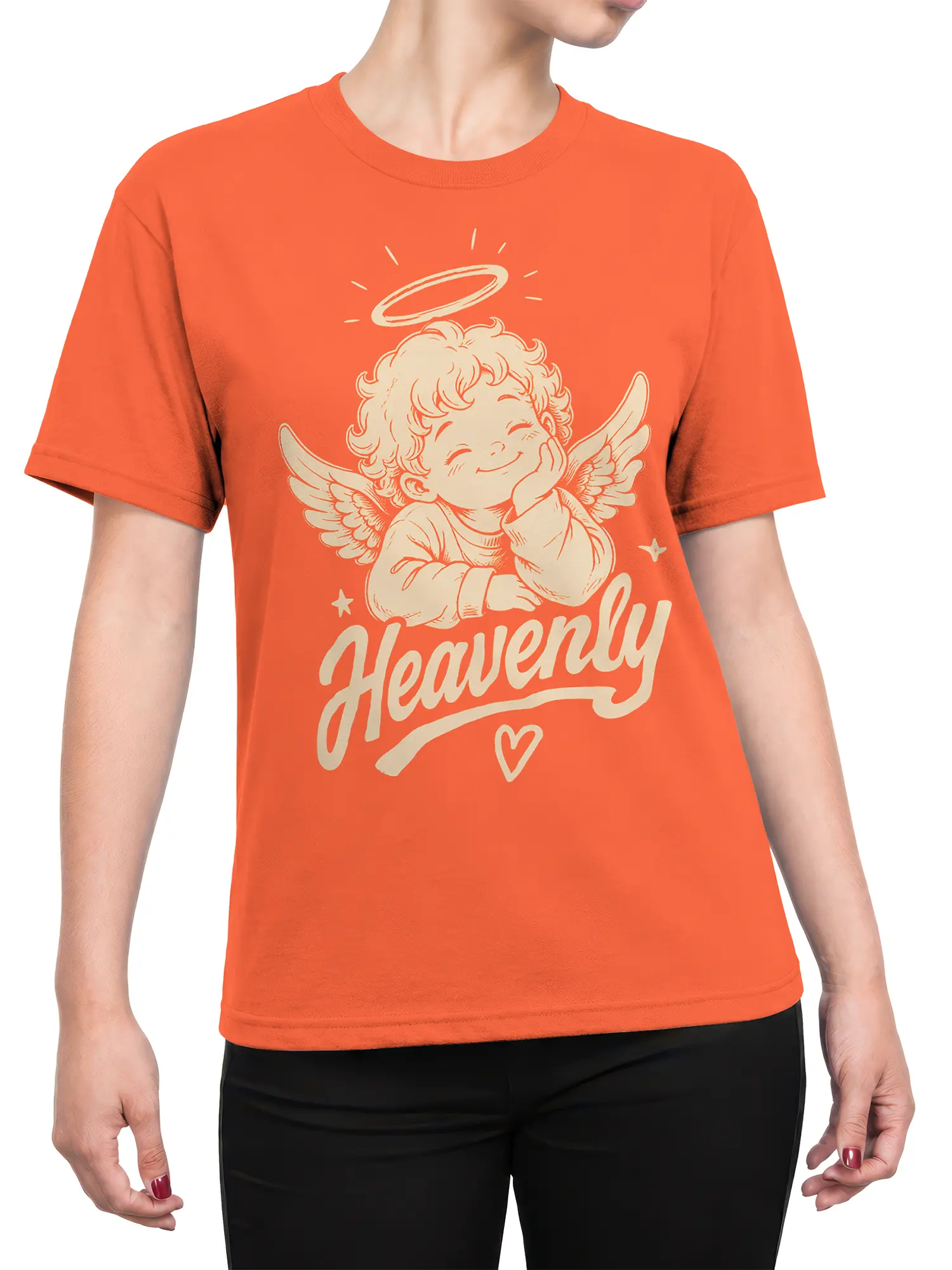 Female torso wearing an orange cherub angel T-shirt with halo, wings, stars, heart, and Heavenly lettering