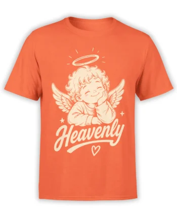Orange T-shirt with a smiling winged cherub, halo, stars, heart, and Heavenly lettering