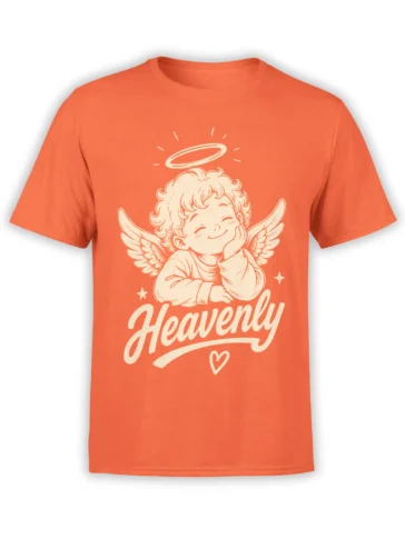 Orange T-shirt with a smiling winged cherub, halo, stars, heart, and Heavenly lettering