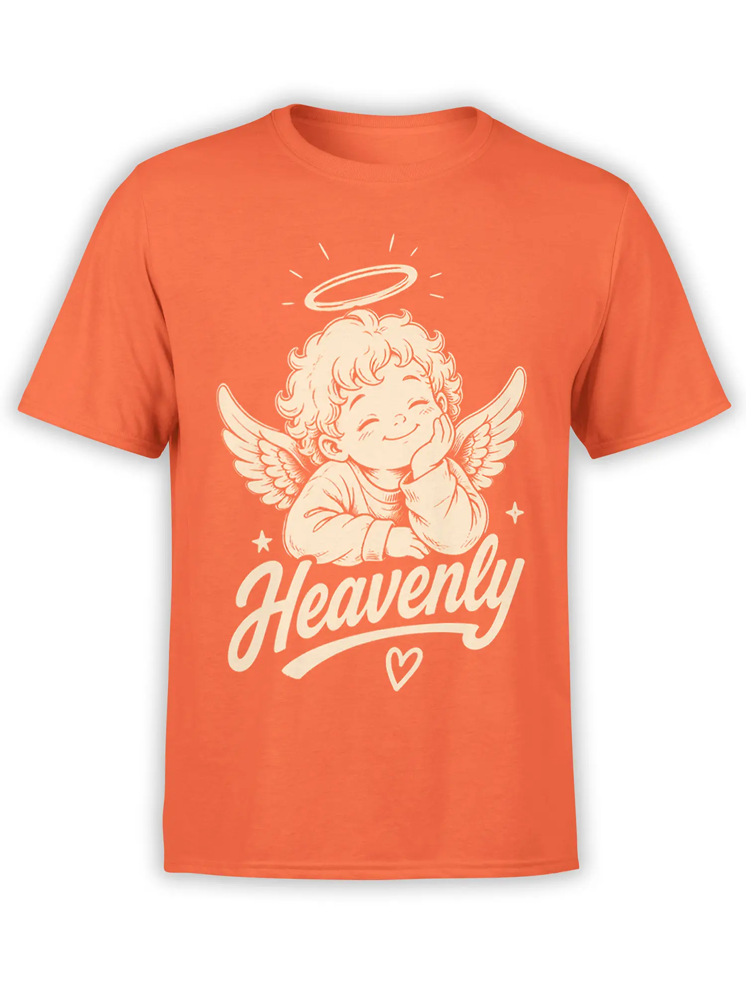 Orange T-shirt with a smiling winged cherub, halo, stars, heart, and Heavenly lettering