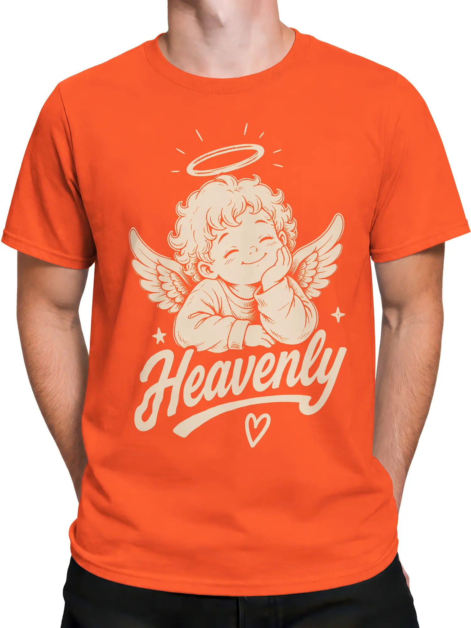 Male torso wearing an orange T-shirt with smiling cherub angel, halo, wings, stars, and Heavenly lettering