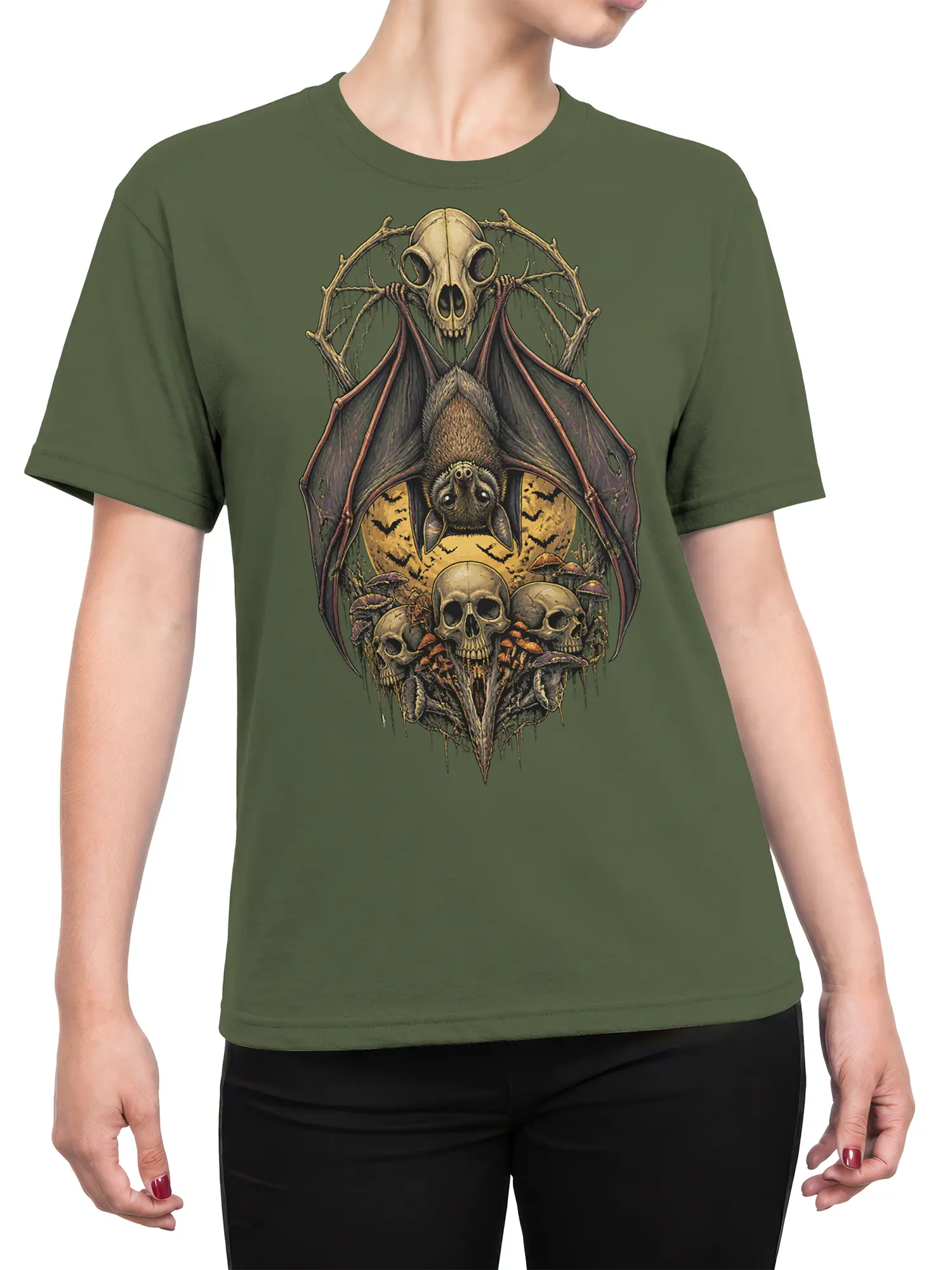 Female torso wearing an olive green T-shirt with gothic bat, skull, mushroom, and thorn branch artwork
