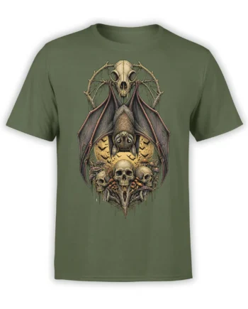 Olive green T-shirt with an upside-down bat, skulls, mushrooms, and thorny branches in a gothic horror design