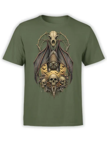 Olive green T-shirt with an upside-down bat, skulls, mushrooms, and thorny branches in a gothic horror design