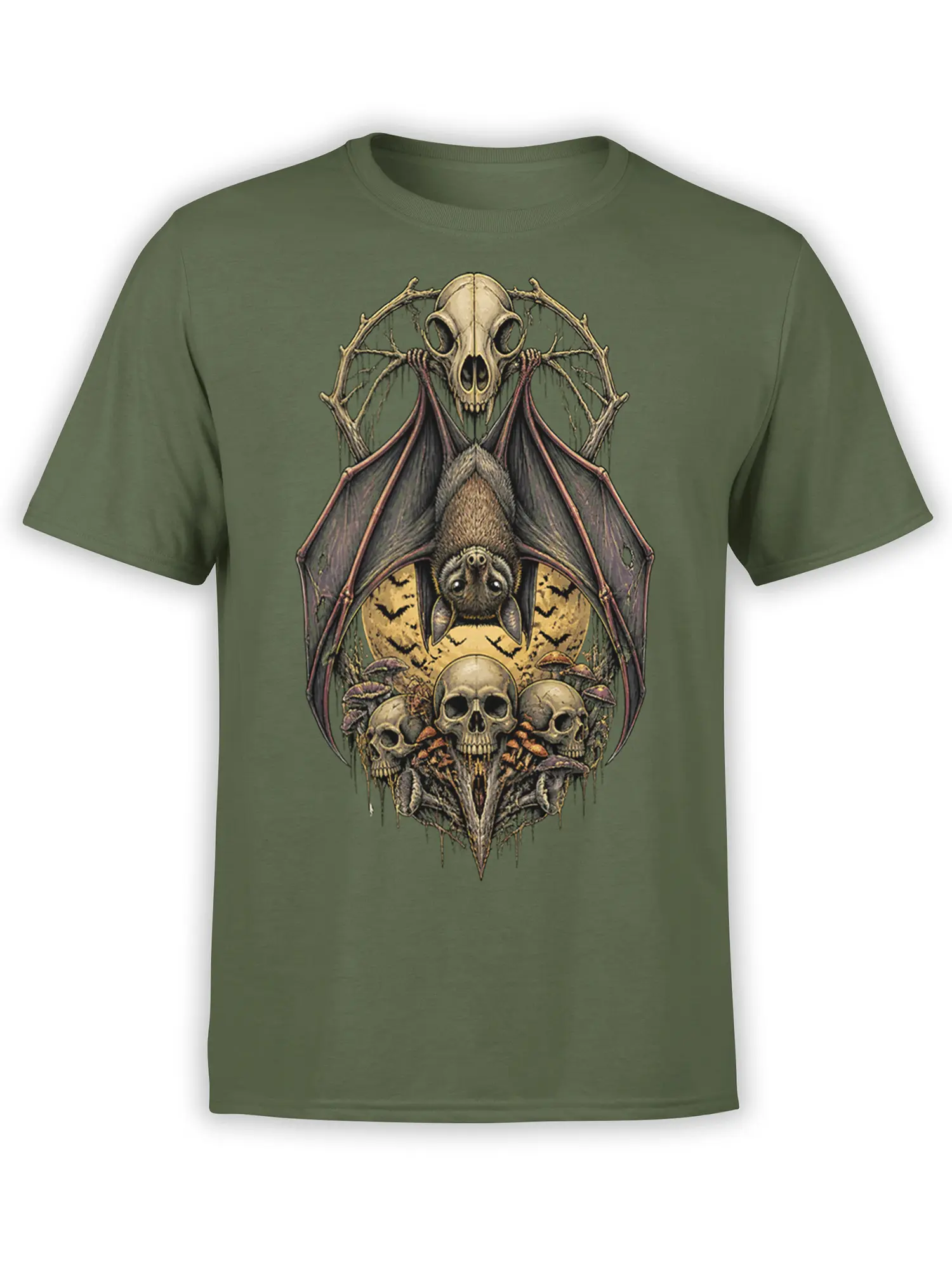 Olive green T-shirt with an upside-down bat, skulls, mushrooms, and thorny branches in a gothic horror design