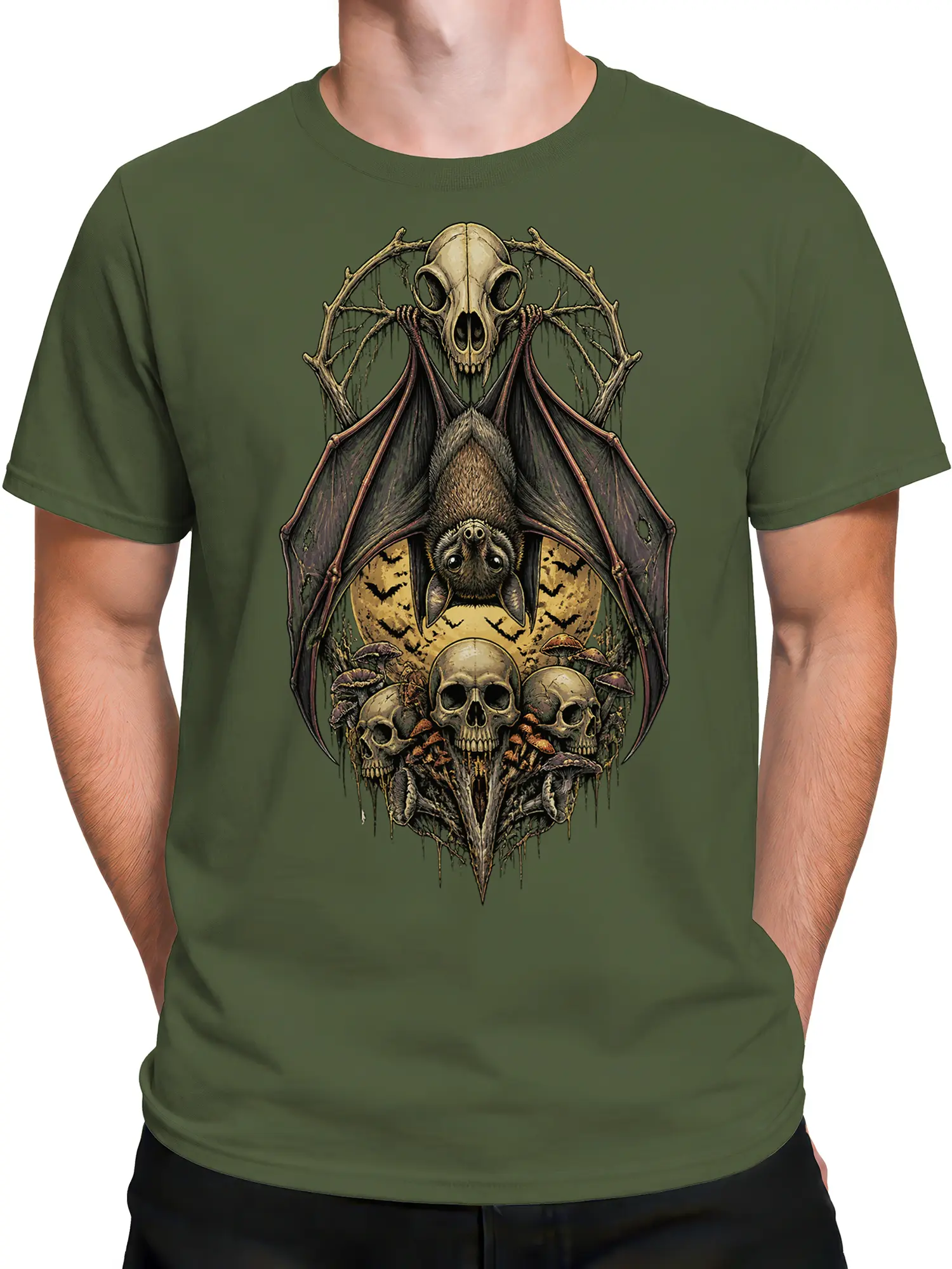 Male torso wearing an olive green T-shirt with upside-down bat and skull horror artwork