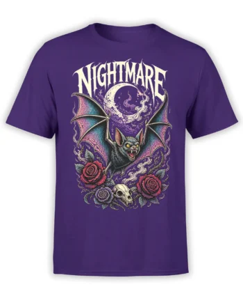 Purple T-shirt with a gothic bat, crescent moon, roses, skull, and bold Nightmare lettering