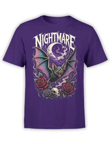 Purple T-shirt with a gothic bat, crescent moon, roses, skull, and bold Nightmare lettering