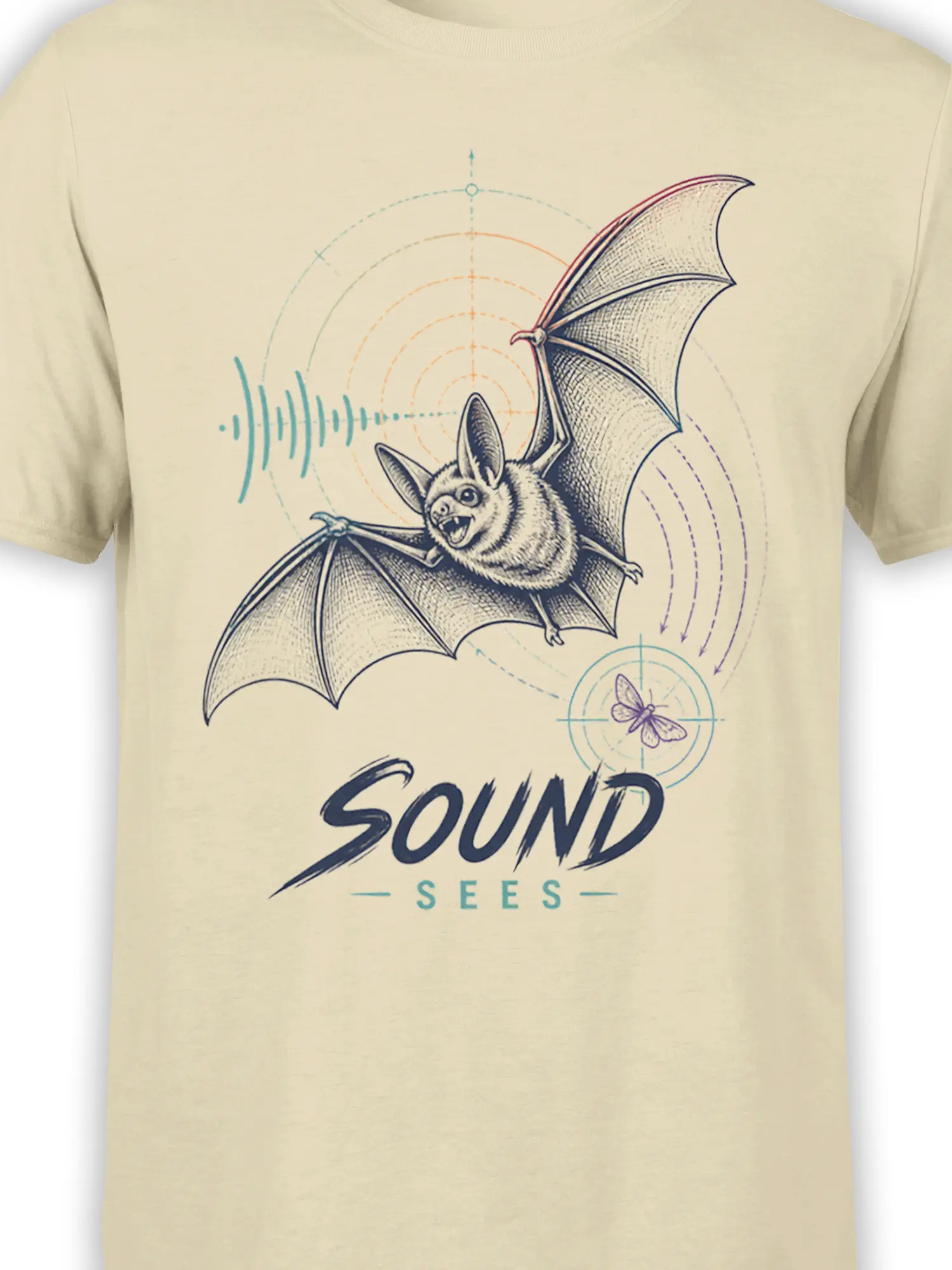 Close-up of the beige bat graphic with detailed wings, sound-wave lines, moth symbol, and “SOUND SEES” text