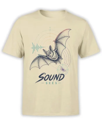 Beige T-shirt with a vintage flying bat, colorful sound waves, a moth symbol, and “SOUND SEES” lettering