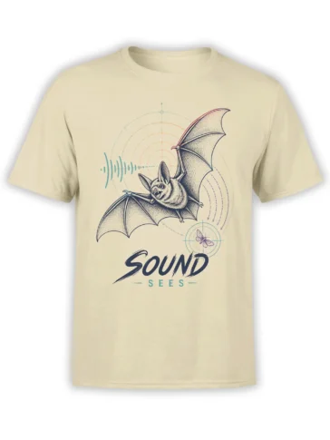 Beige T-shirt with a vintage flying bat, colorful sound waves, a moth symbol, and “SOUND SEES” lettering