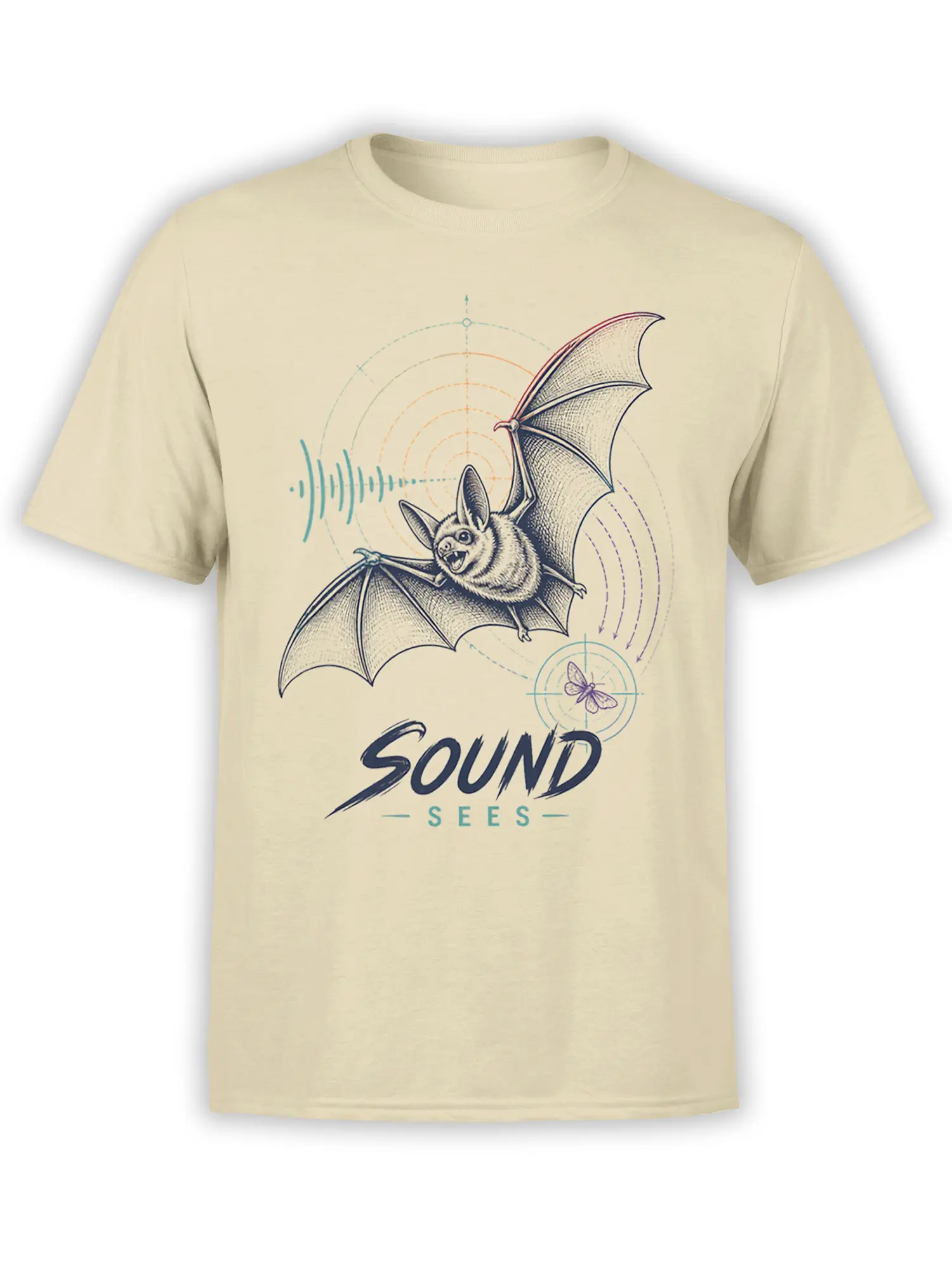 Beige T-shirt with a vintage flying bat, colorful sound waves, a moth symbol, and “SOUND SEES” lettering