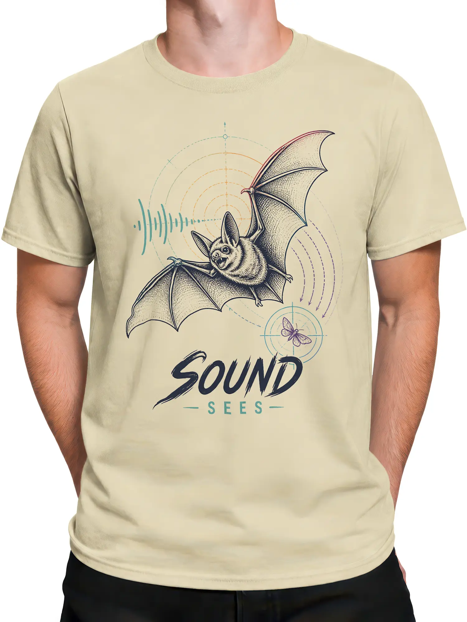 Male torso wearing a beige bat T-shirt with flying bat artwork and colorful sound-wave markings