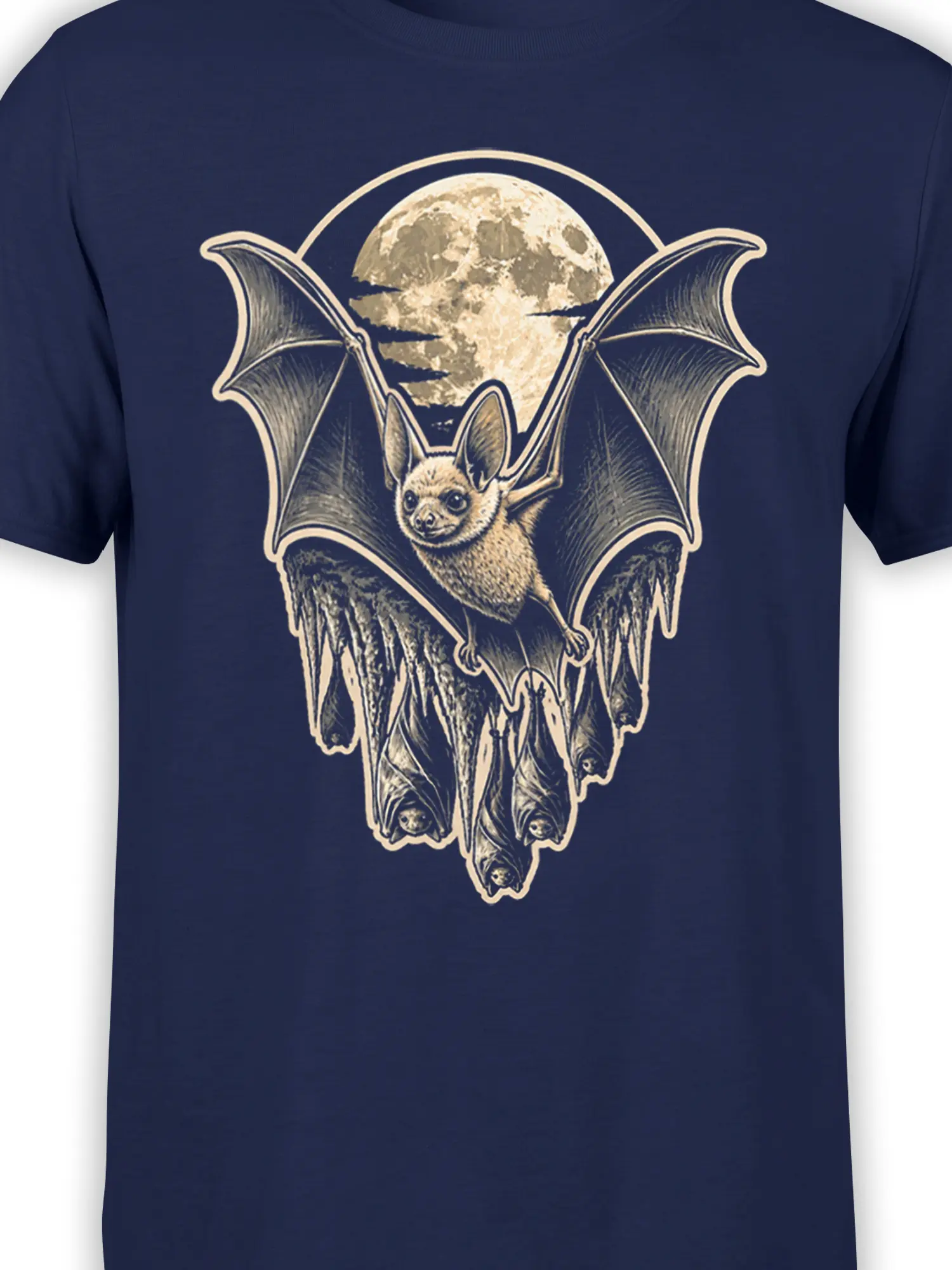 Close-up of the vintage bat and full moon graphic printed on a navy T-shirt