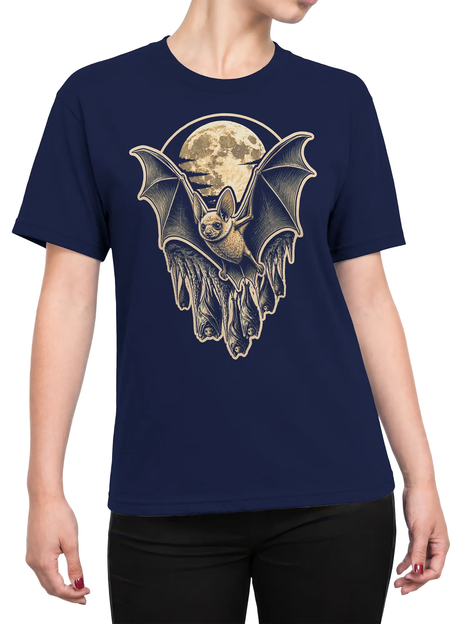 Female torso wearing a navy T-shirt with a vintage bat and full moon graphic