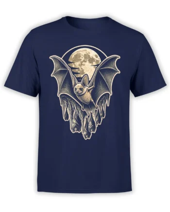 Vintage bat graphic with a full moon and hanging bats printed on a navy T-shirt