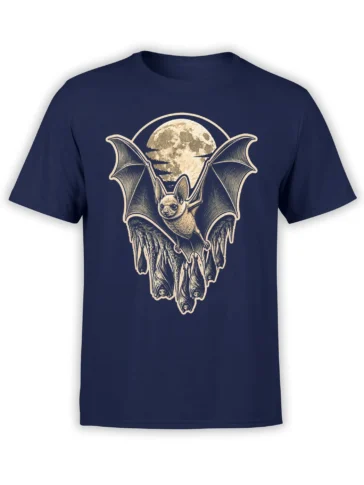 Vintage bat graphic with a full moon and hanging bats printed on a navy T-shirt