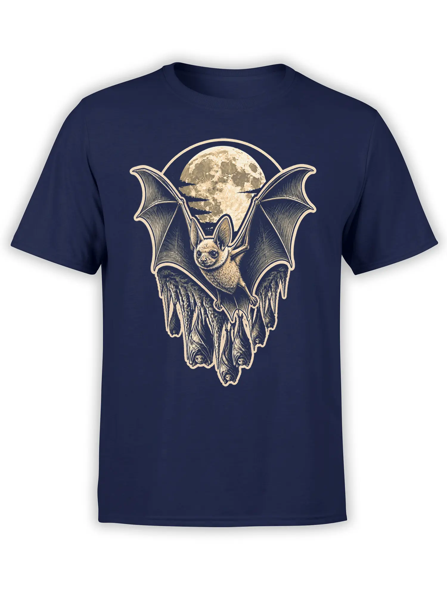 Vintage bat graphic with a full moon and hanging bats printed on a navy T-shirt